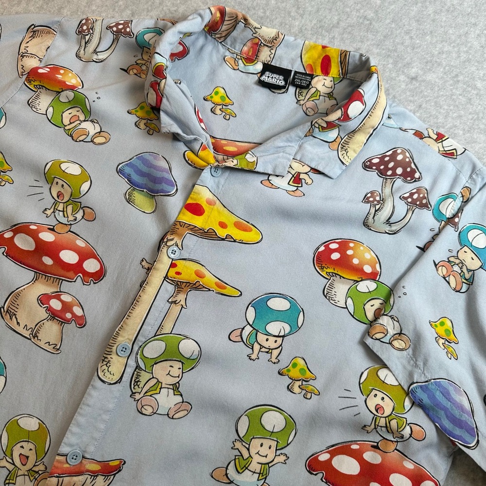 Super Mario Toad Mushroom Print Rayon Button Down Shirt Light Blue 2XL